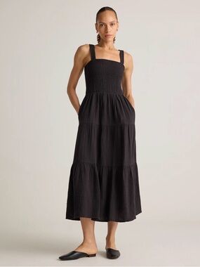 Quince 100% Organic Cotton Gauze Smocked Sleeveless Maxi Dress - Black - Size S